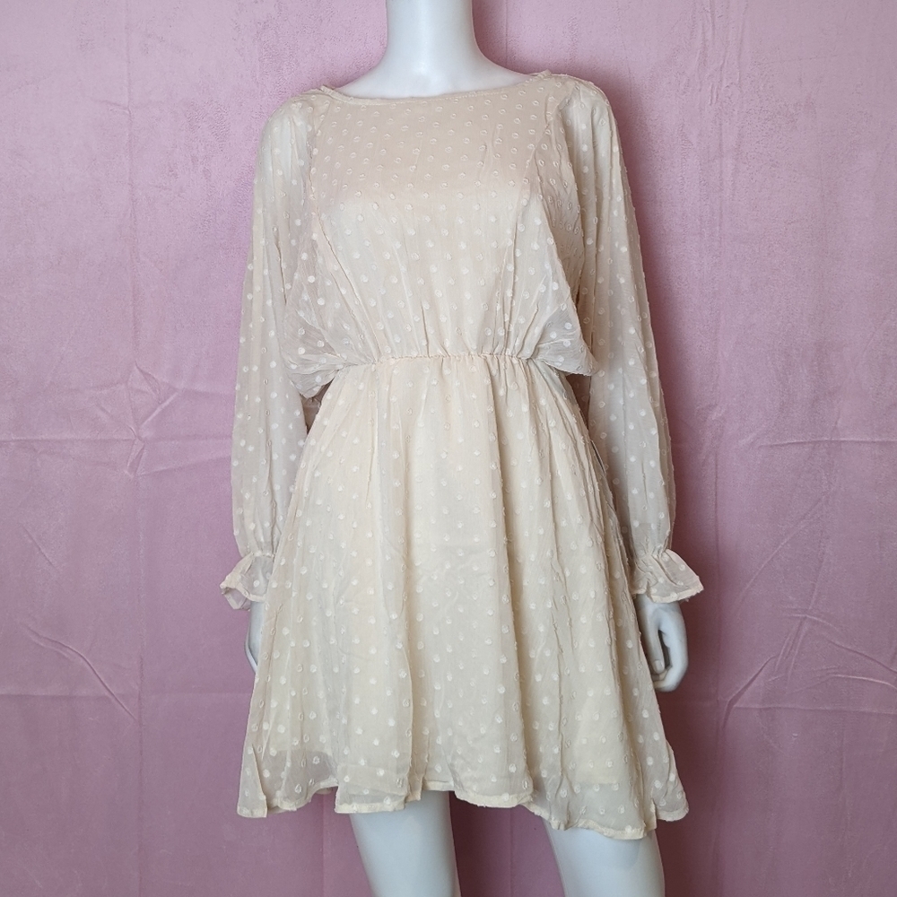 Urban Outfitters Cream Long Sleeve Swiss Dot Elastic Waist Mini Dress